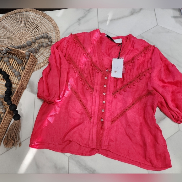 [ IRO] brand- NEW with tags-hot coral pink- POYRA- flowy button up lacy blouse
